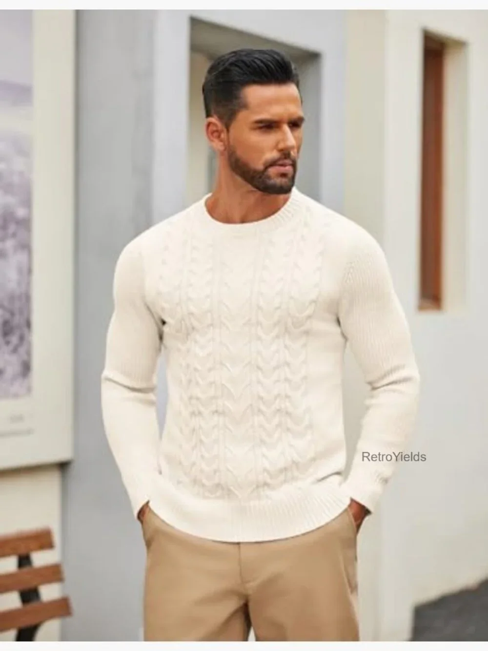 Mens Cable Knit Sweater Casual Long Sleeve Crewneck Pullover Fisherman Twist